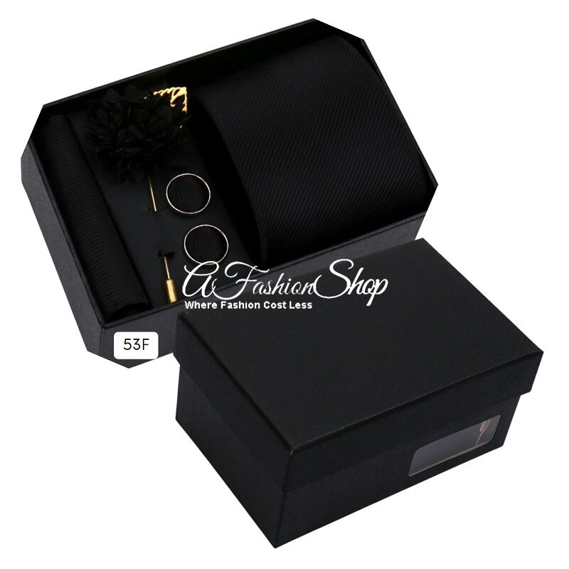 Classic Black Necktie Handkerchief Cufflink With Pin