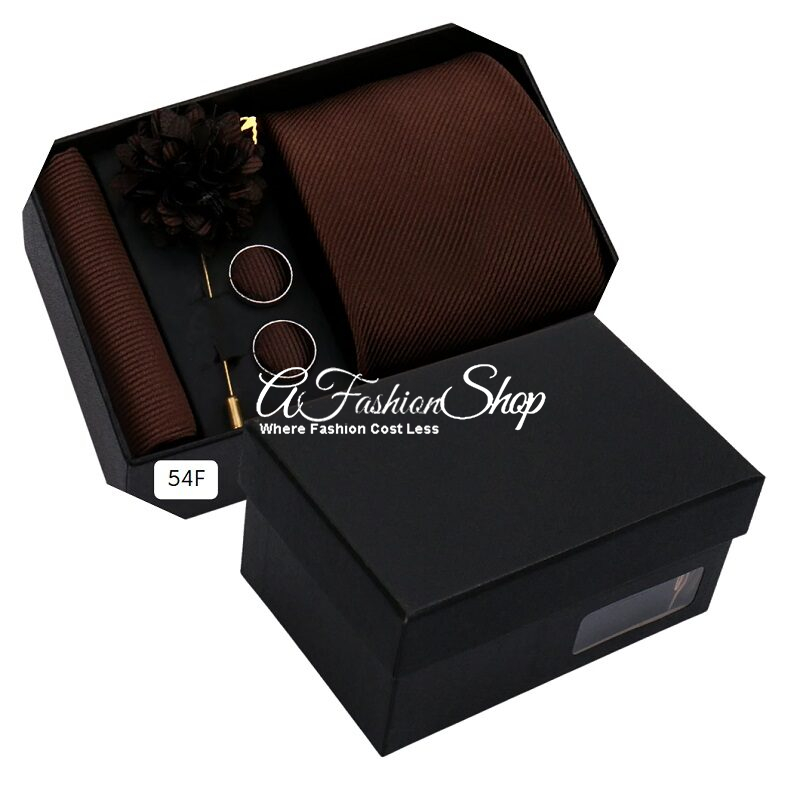 Classic Necktie Handkerchief Cufflink Pin Brown Khaki