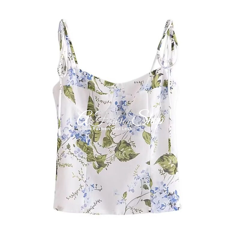 Tie-Up Cotton Camisole Blue Floral Top