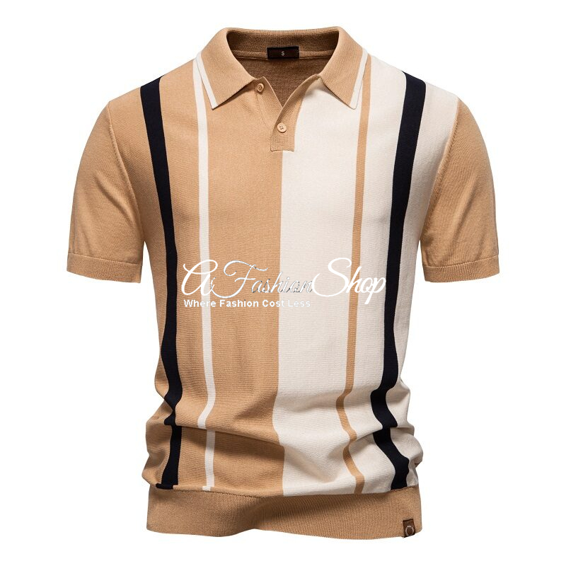 Two-Tone Striped Relaxed Polo Khaki/White