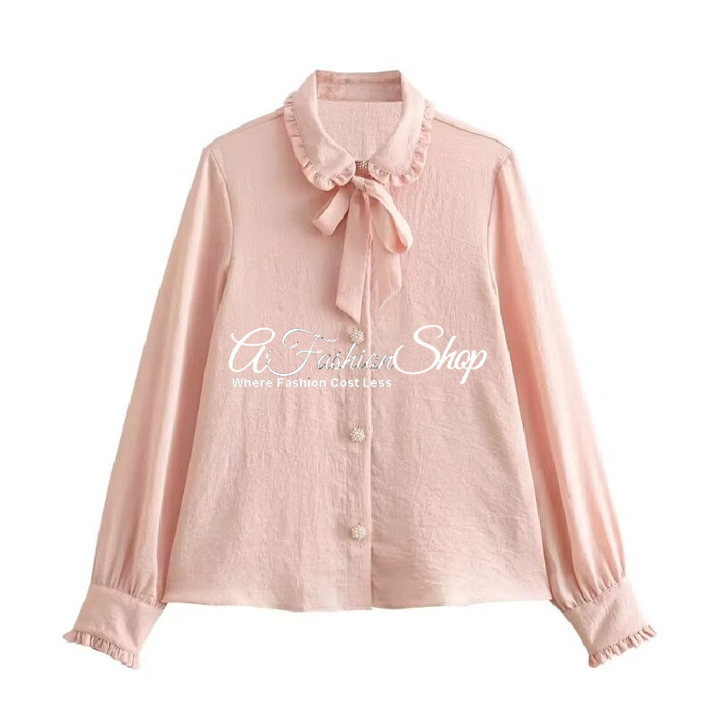 Long Sleeve Pink Blouse With Pearl Button