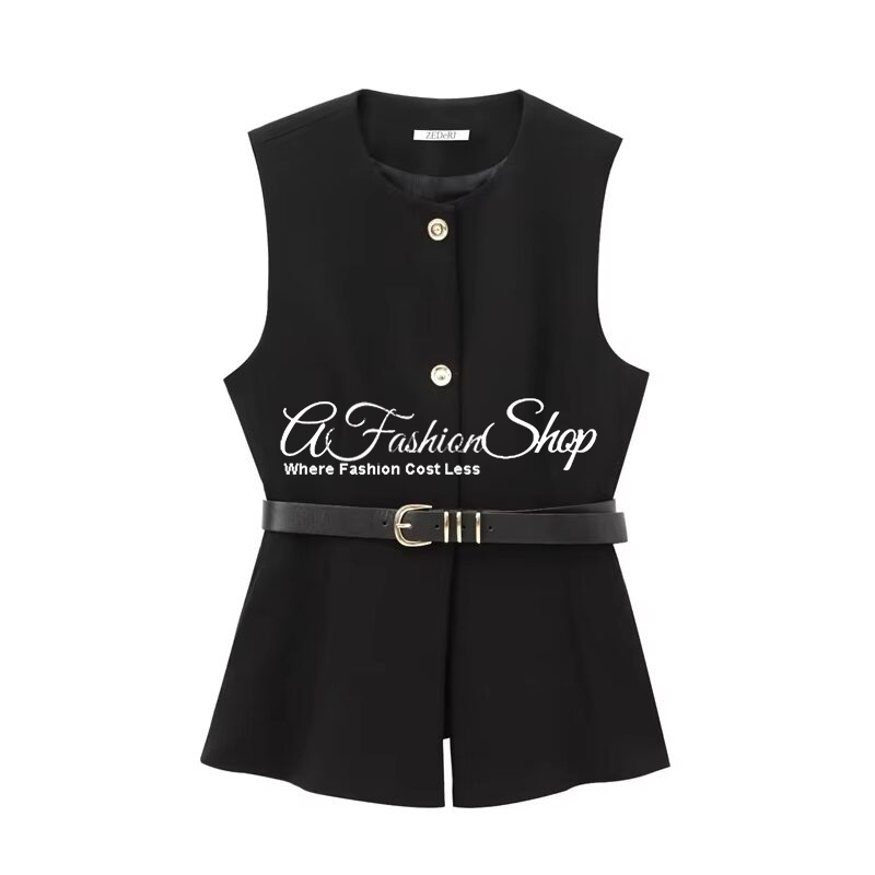 Black Vest Sleeveless Belted Suit