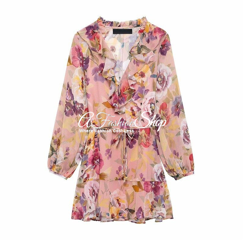 Ruffle Floral V Neck Cotton Summer Dress