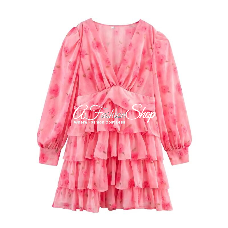Red Floral Long Sleeve Tiered Minidress
