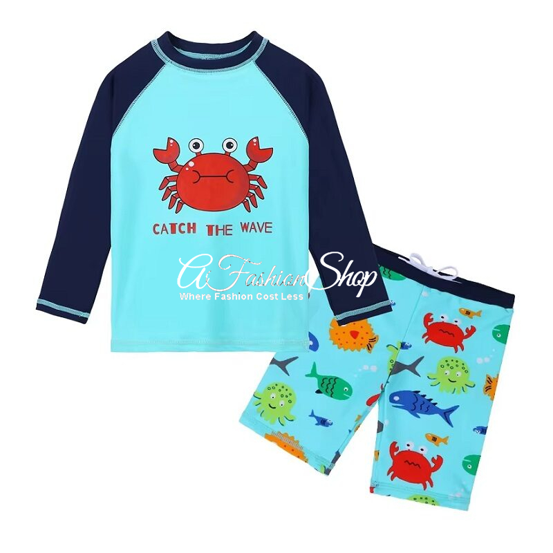 Boy’s Long Sleeve Two-Piece Rashguard Swimsuit Seacrab
