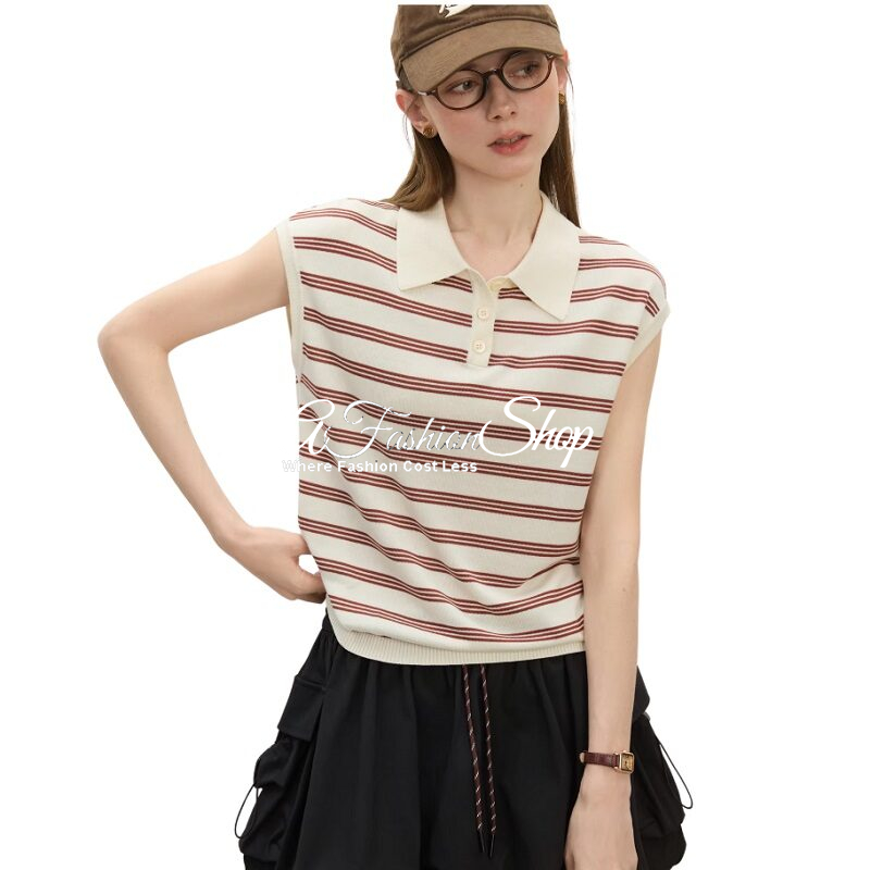 Sleeveless Collar Knitwear Summer Striped