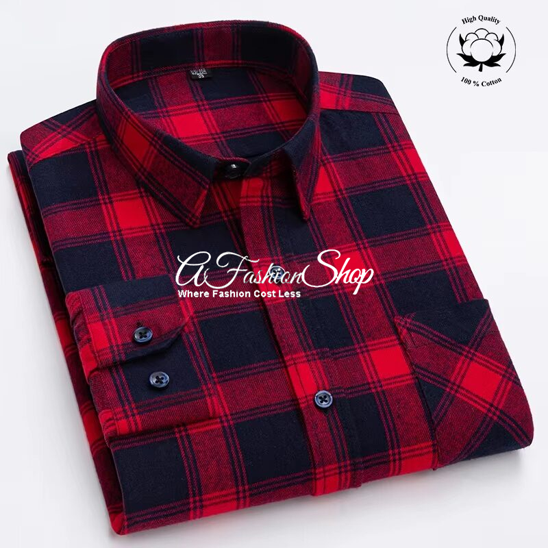 Red/Black Plaid Cotton Flannel Button-Down Sport Shirt