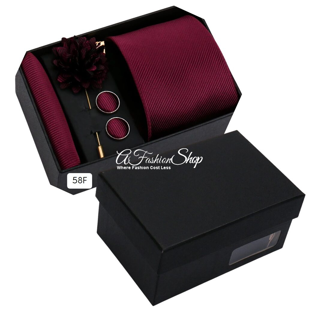 Men Necktie Handkerchief Solid Red/Burgundy