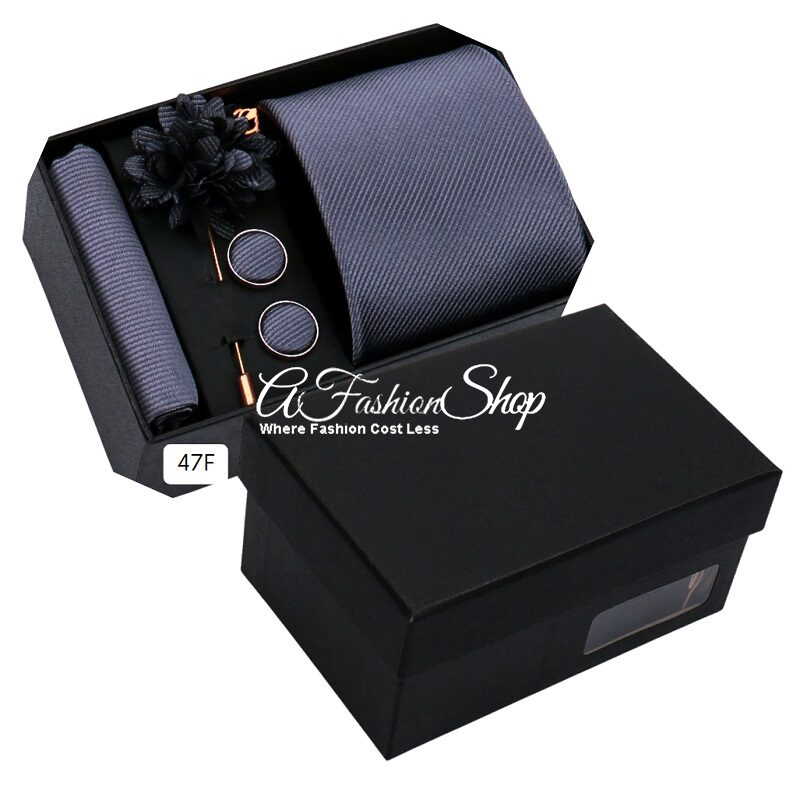 Men Necktie Handkerchief Solid Color Gray