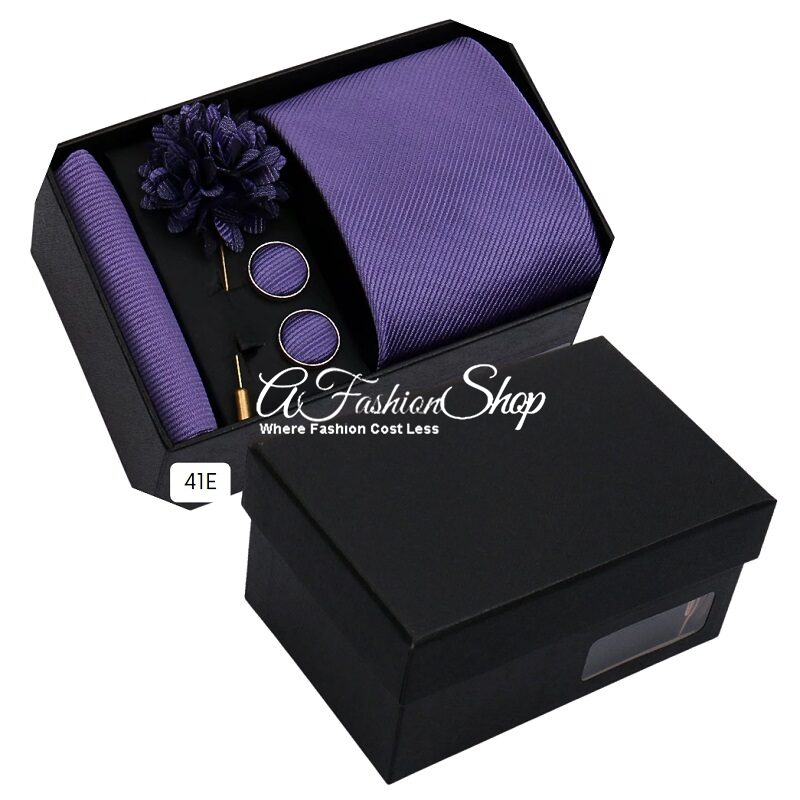 Men Necktie Handkerchief Solid Color Purple