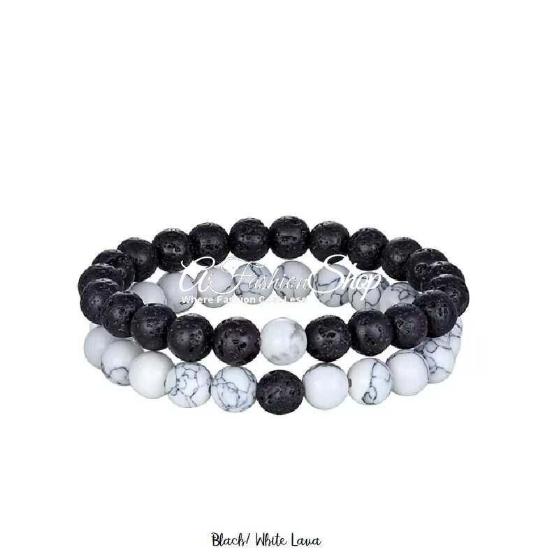 Black And White Natural Lava Stone Bracelet Set of 2